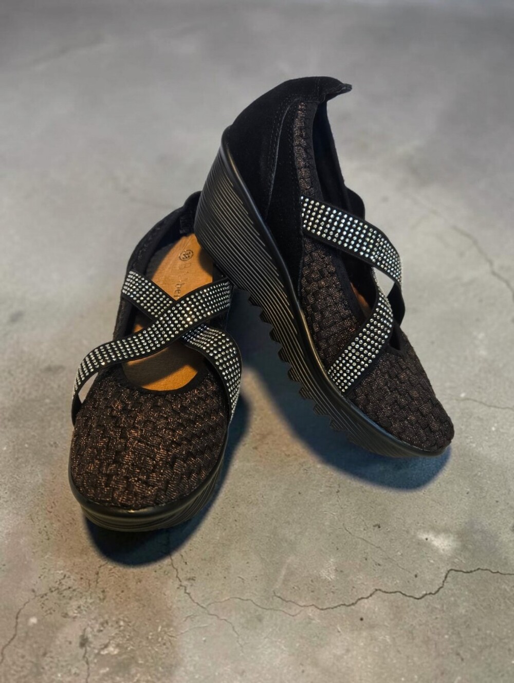 Bernie Mev Black Wedge Shoes Rhinestone Straps Size EU 38 / US 6.5 - 7